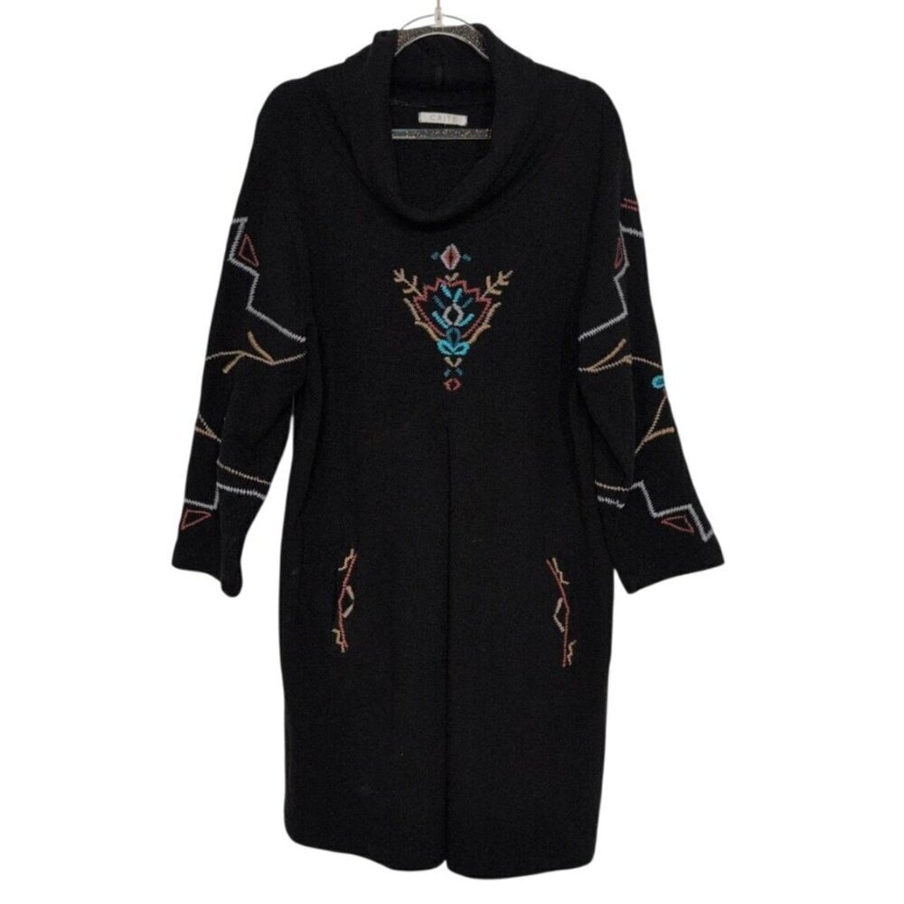 Athleta Caite Embroidered Floral Tunic Womens Size Medium Black Knit Cowl Neck